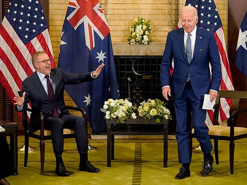 Albanese bursts into laughter as President Biden pretends to walk out of a meeting with Australia's 31st prime minister.