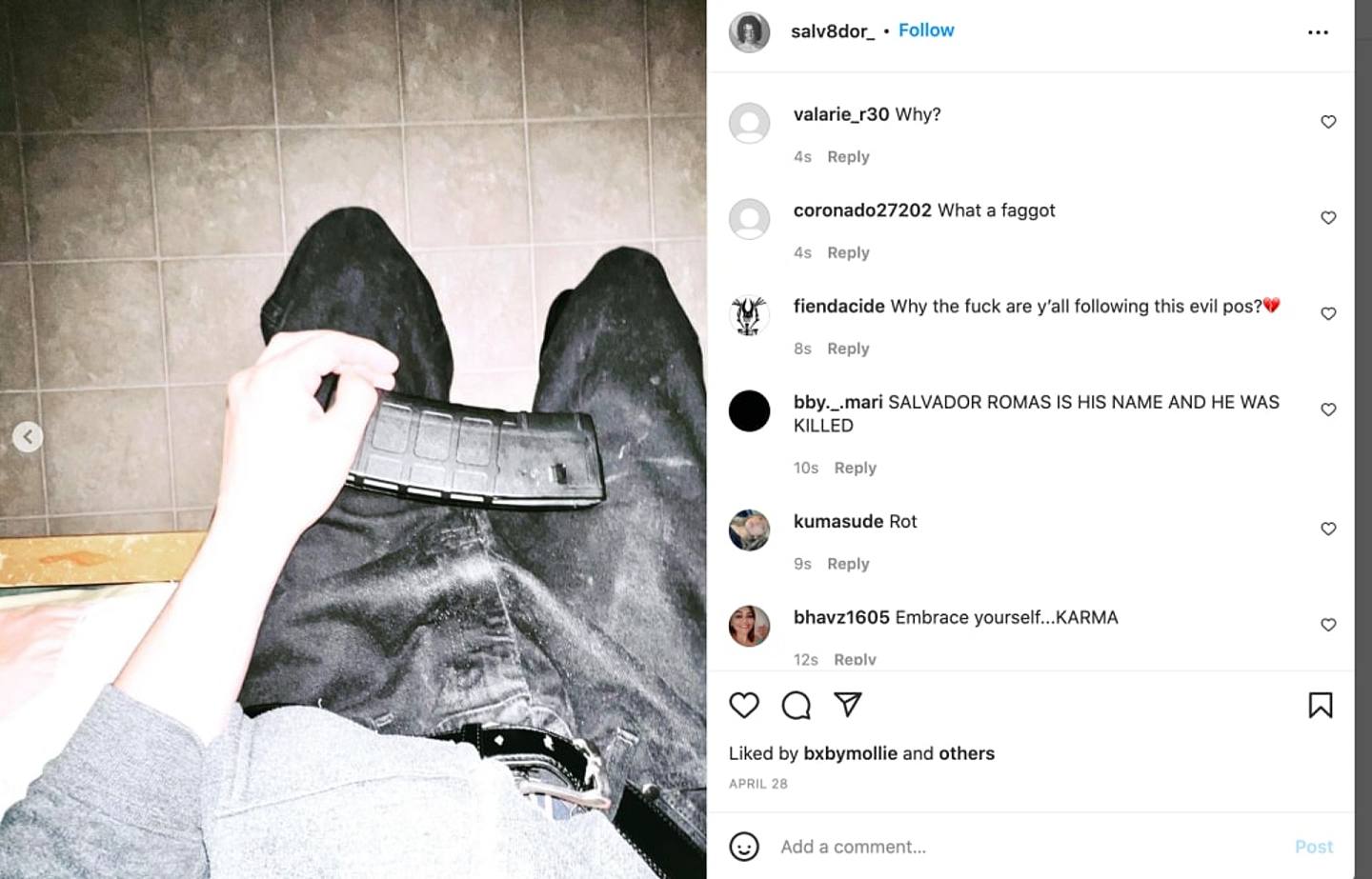 美国州尤瓦尔迪2022年5月24日的罗布小学发生枪击案，导致21人死亡。 图为被指是疑凶拿着一个弹匣的Instagram帖文截图。 （疑犯Instagram账户发布照片）