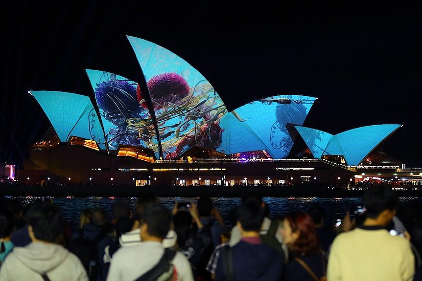 blue lights projected onto the opera house's sails 