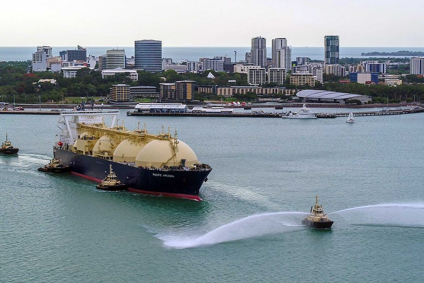 LNG tanker leaves Darwin Harbour.