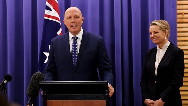 New Liberal Party leader Peter Dutton and his deputy Sussan Ley speak to media after the Liberal Party Room Meeting at Parliament House in Canberra on Monday. Picture: NCA NewsWire / Tracey Nearmy