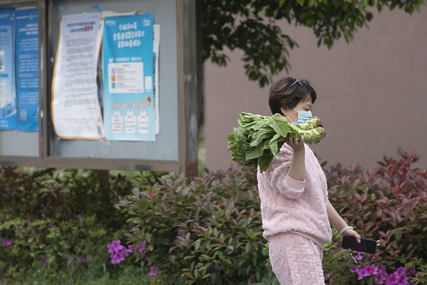 2022年4月22日，一名婦女拿著一把蔬菜在上海的一個住宅區散步。（Getty Images）