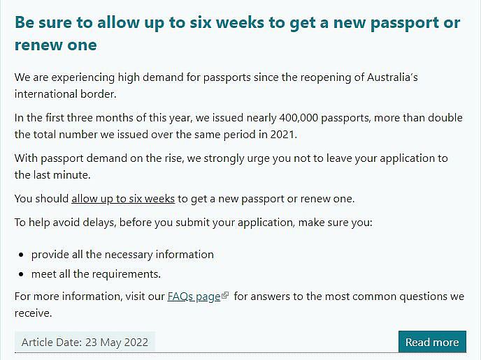 Writing on website saying to allow six weeks to get a passport
