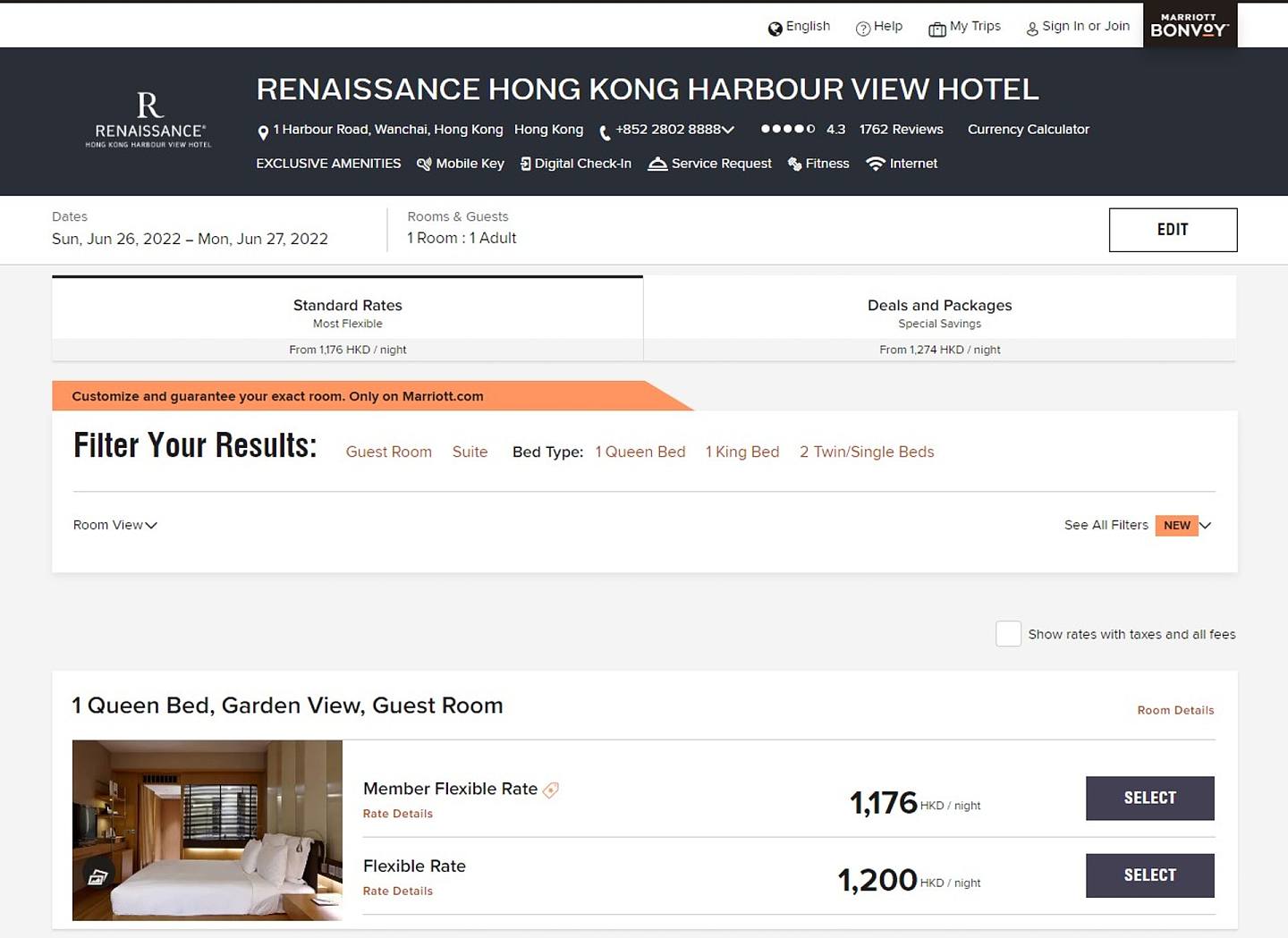 萬麗海景酒店官網顯示，6月26日至27日仍接受預訂。