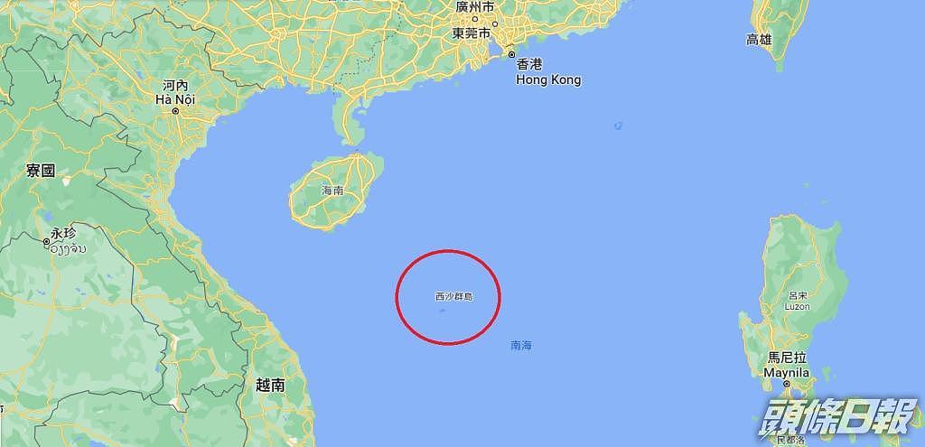 西沙群岛位于海南岛东南面。 Google地图