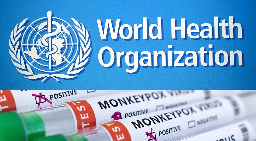 世卫组织（上图）25日敲板，目前爆发的猴痘疫情，尚未成为「国际公卫紧急事件」。 图为合成照片，下图为猴痘病毒试管。 路透