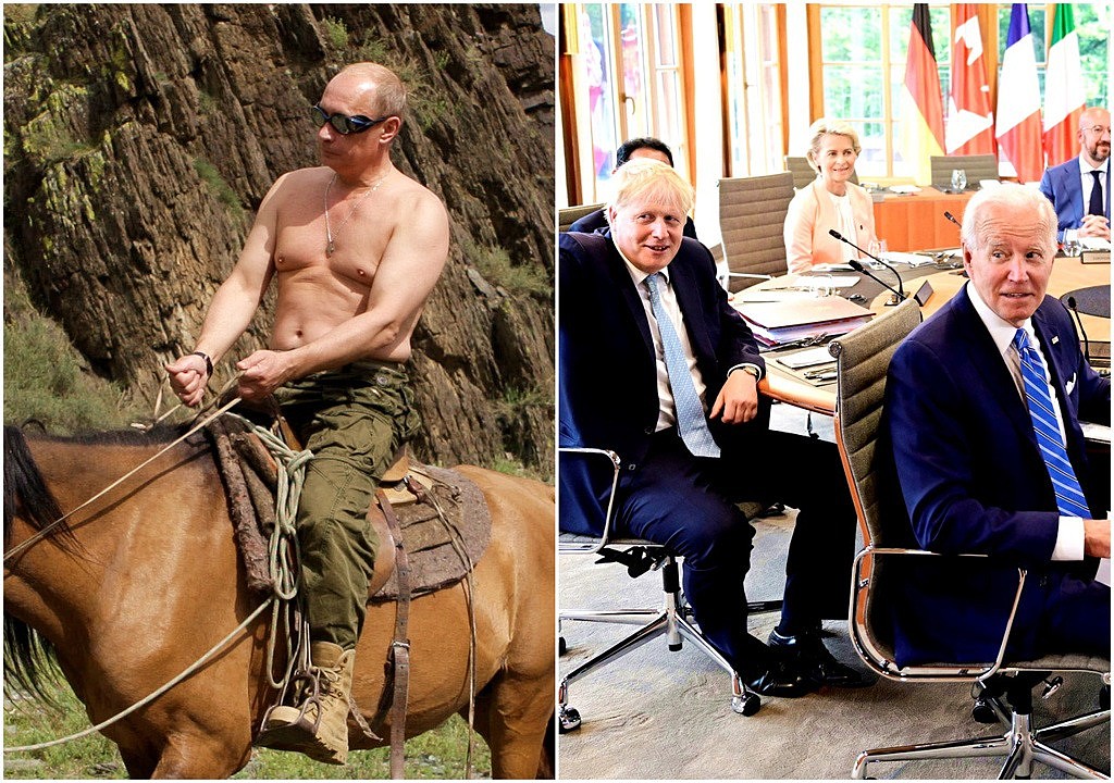 七大工业国集团（G7）峰会26日登场时，英国首相强生等人提议要不要比照普丁，脱掉上衣拍照。 （资料照／路透社、美联社、俄罗斯新闻社RIA Novosti）