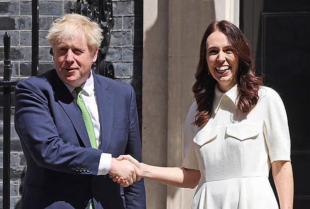 新西兰总理见英国首相，努力挣脱大力握手，奶白裙撞衫凯特王妃（组图） - 1