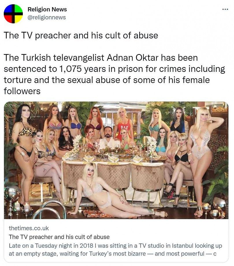 土耳其「荒淫教主」女友近千人，每每现身总是「乳浪来袭」。 （图／@religionnews 推特）