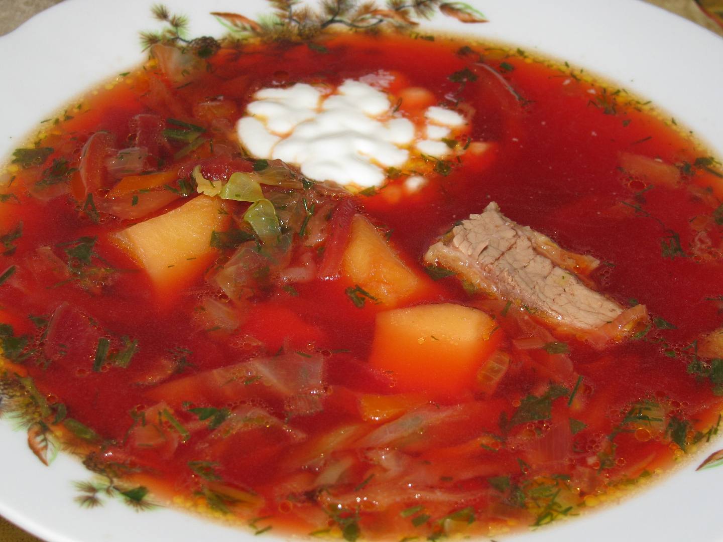 美味的羅宋湯，可見有肉和蛋花在湯上。（Wikipedia）