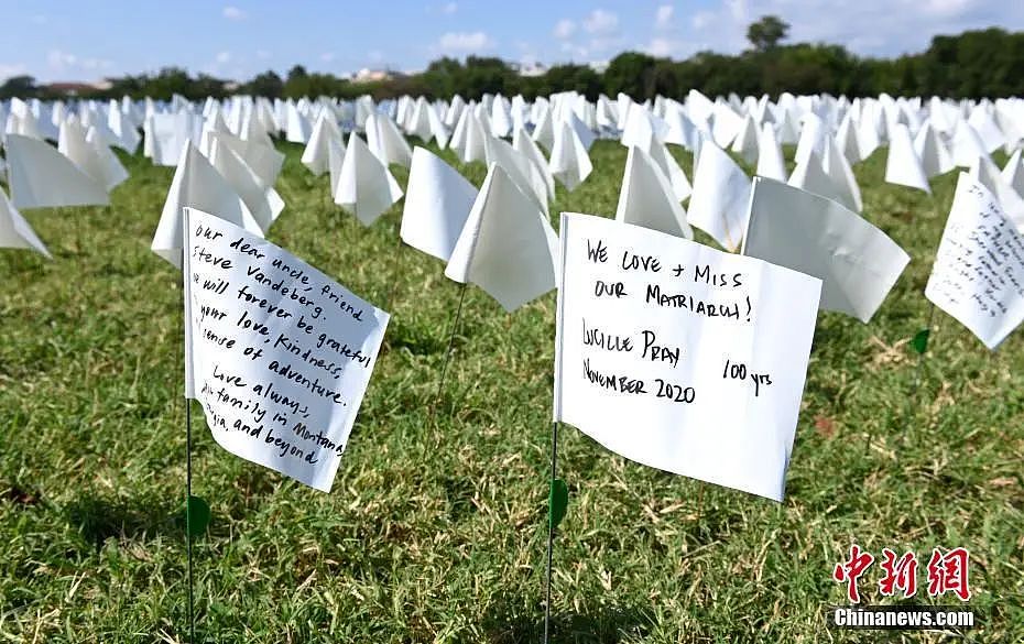 资料图：美国首都华盛顿国家广场上插着数十万白色旗帜，悼念新冠逝者。