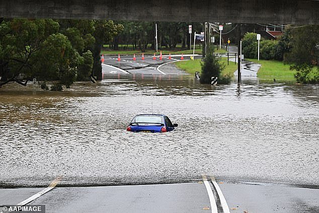 Millions of residents have been told to stay home and put their travel plans on hold as 'life-threatening' storms batter NSW (pictured, an abandoned car trapped in floodwaters at Lansvale in western Sydney on Sunday)