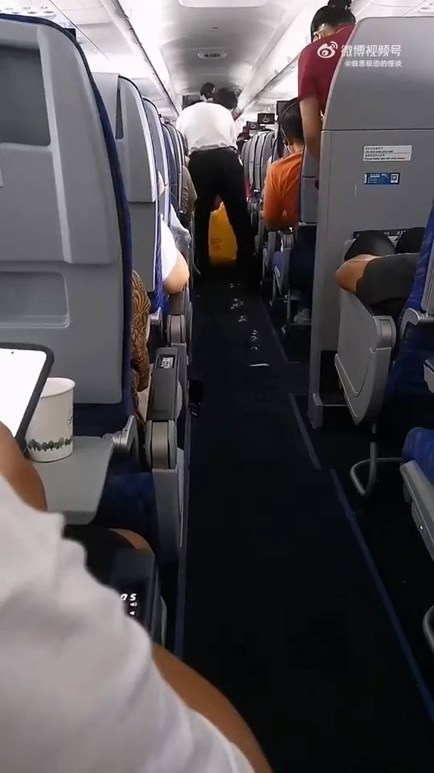内地一名乘客乘搭南方航空航班时，因腹泻难忍，居于就地屙了出来。 （晕片截图）