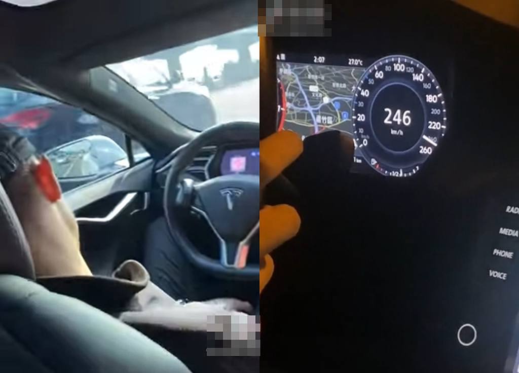 男子开特斯拉车内睡觉，还分享与朋友在国道飙速的影片。 （翻摄自脸书爆废公社、抖音）