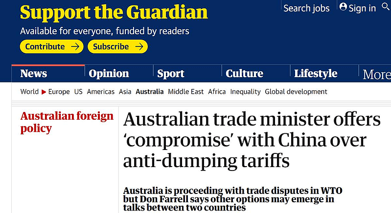 英国卫报报导称，澳洲贸易部长就反倾销关税问题向中国示意「妥协」。（取材自卫报官网）