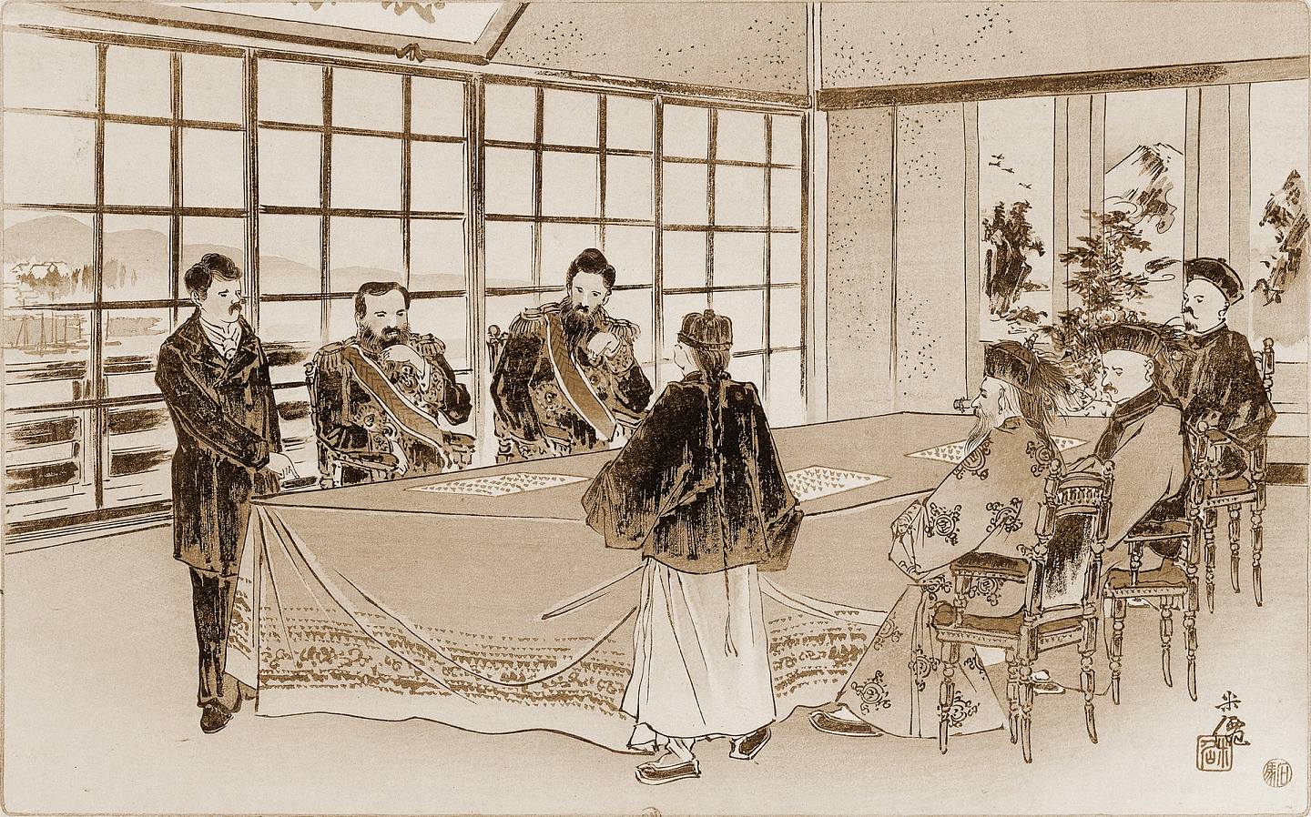 1895年4月17日，清政府议和全权大臣李鸿章及其子李经方，与日本首相伊藤博文和外相陆奥宗光在日本马关（即下关）春帆楼签订《马关条约》。 （Getty Images）