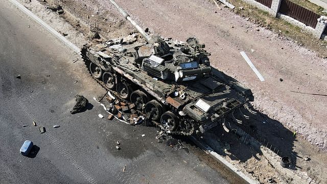 Aerial view of a destroyed Russian tank