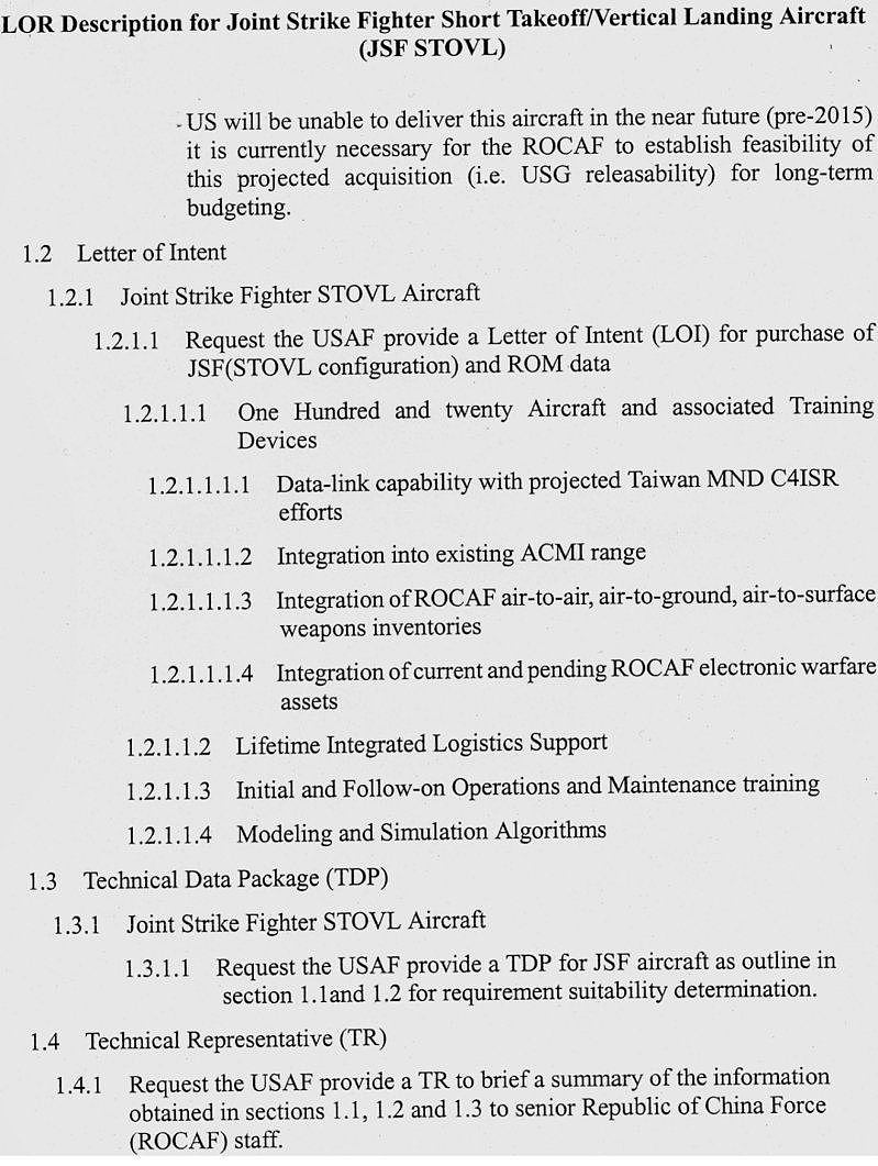 近日有美籍军事专家提出证据，出示我国2002年间透过台北经济和文化代表处（TECRO），正式向美方递送我国希望采购100架F-35B战机的正式意向书（LOI）之三。 图／Windell Minnick授权使用