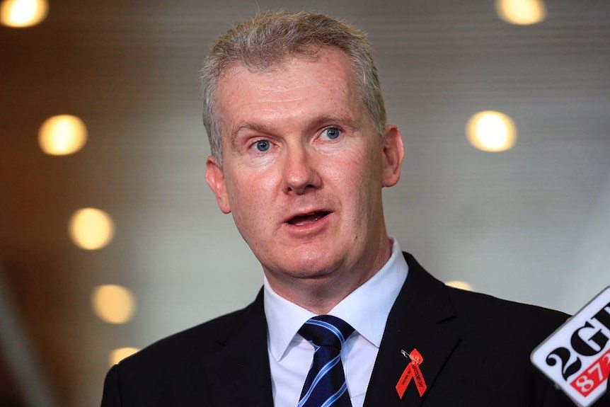 Tony Burke wears a black suit and red tie as he speak to media at Parliament House.