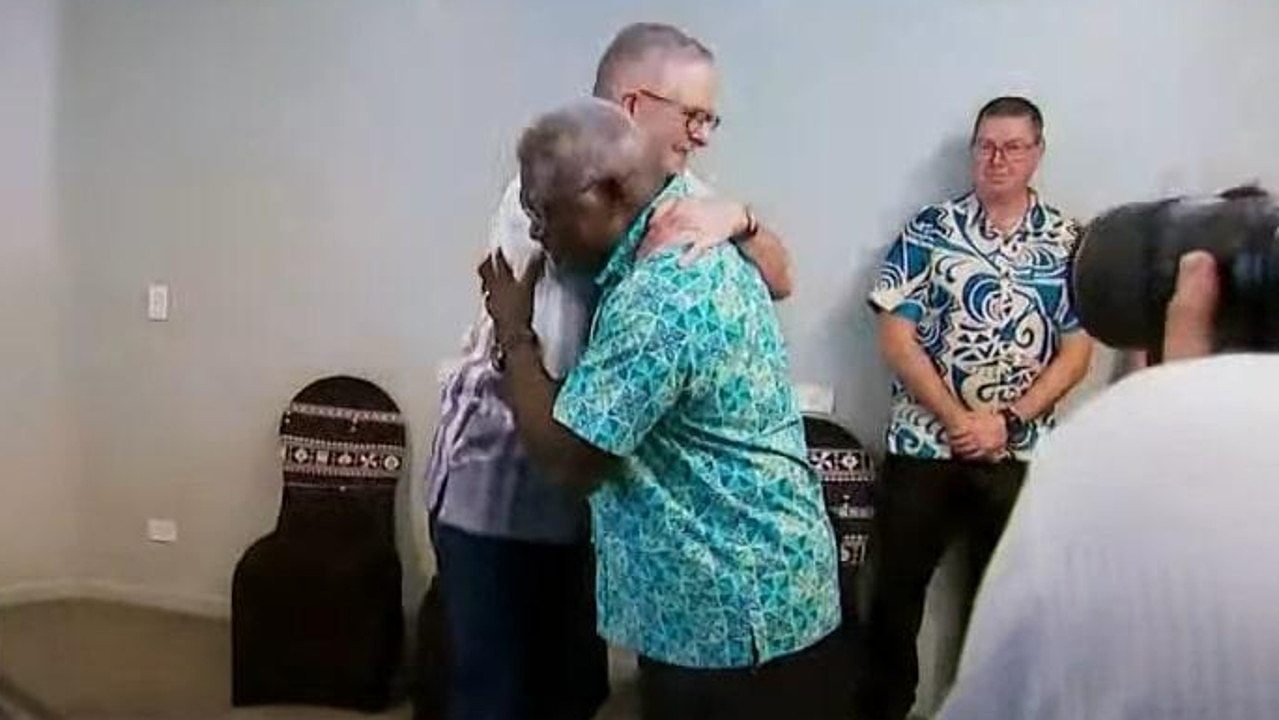 Anthony Albanese and Manasseh Sogavare embrace as they meet for the first time. Picture: ABC News