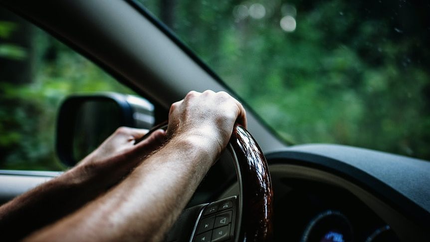 A close up of two hands on a steering wheel in a car driving through a forest