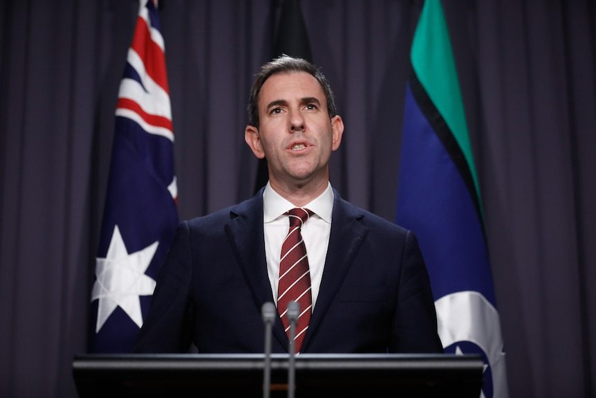 Jim Chalmers in a suit, speaking into a microphone on a lectern in front of the Australian and TSI flags