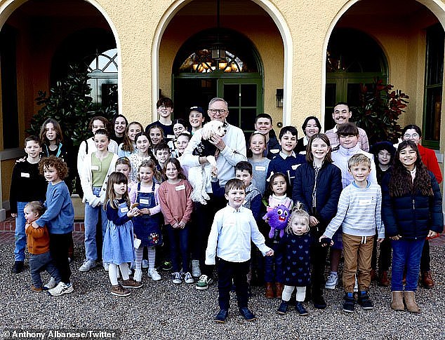 On Sunday,  PM Anthony Albenese posed in a packed crowd of people without a single mask in sight at the family day he hosted at The Lodge in Canberra