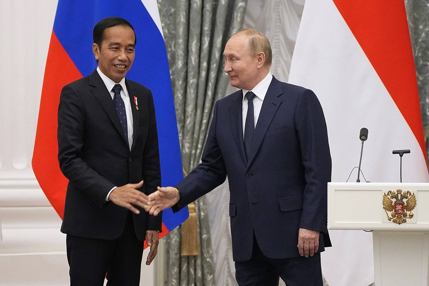 印尼总统佐科维多多6月30日访问克里姆林宫，与俄罗斯总统普京会面，尝试斡旋俄乌局势。 （AP）