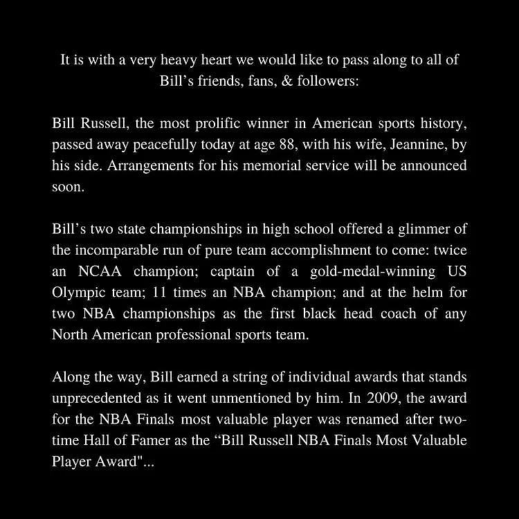 NBA传奇巨星比尔-拉塞尔去世，11冠指环王享年88岁（组图） - 2