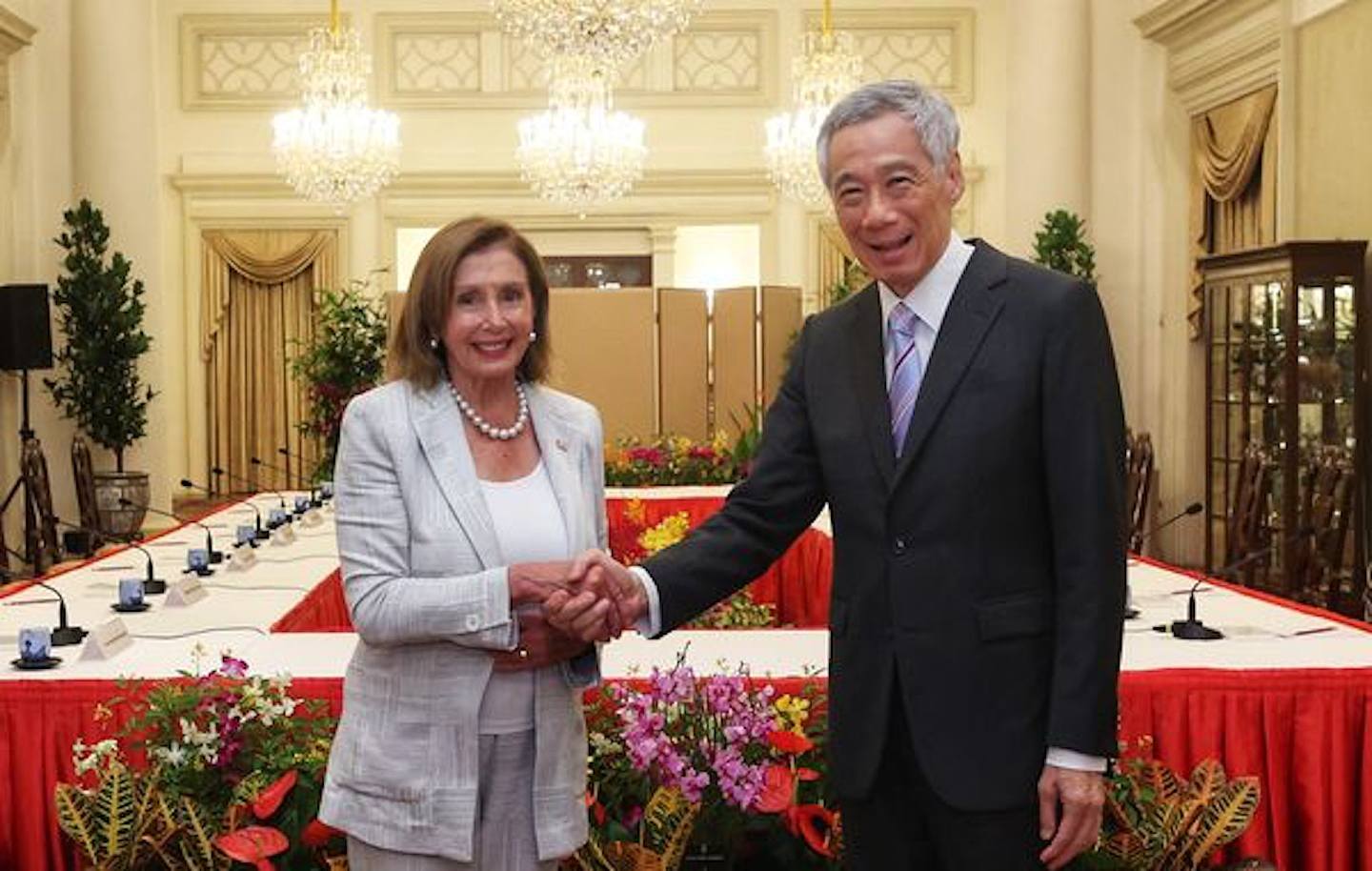 新加坡外交部證實，美國眾議院長佩洛西（Nancy Pelosi）2022年8月1日與新加坡總理李顯龍、總統哈莉瑪（Halimah Yacob）進行會談。（新加坡外交部網站）