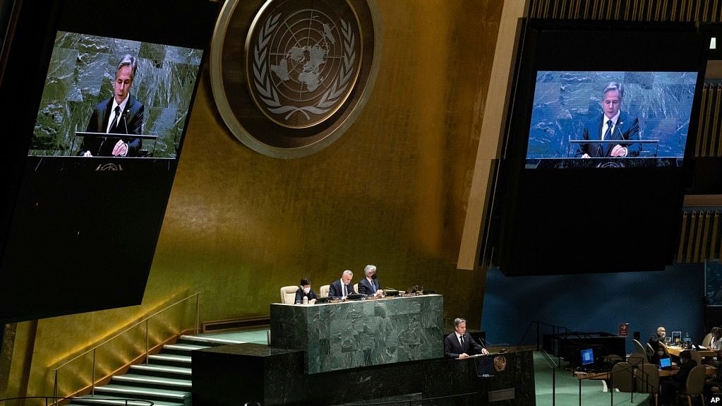 美国国务卿布林肯在联合国《不扩散核武器条约》审议会议上发言。（2022年8月1日）