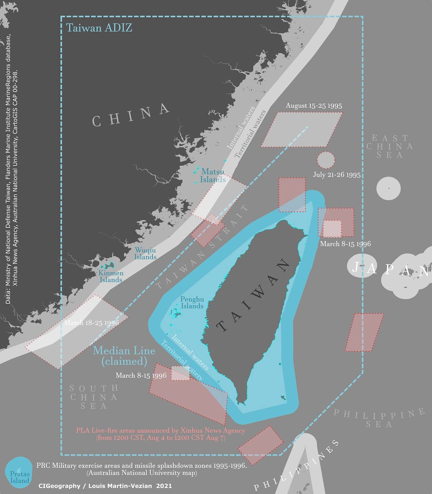 时政与地理网（CIGeography）绘制的地图，显示了解放军将进行的「重要军事演训行动」与「实弹射击」，规模将超越1996年台海危机，甚至跨越了台湾的领海、内水与防空识别区。 （Twitter@CIGeography）