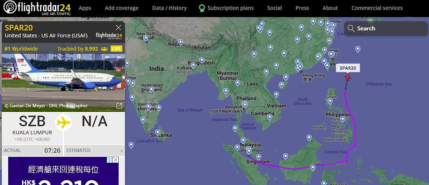 图为2022年8月3日，截取自网站FlightRadar24的图片，显示C-40C运输机（呼号SPAR20）的飞行路线。 （网站FlightRadar24截图）