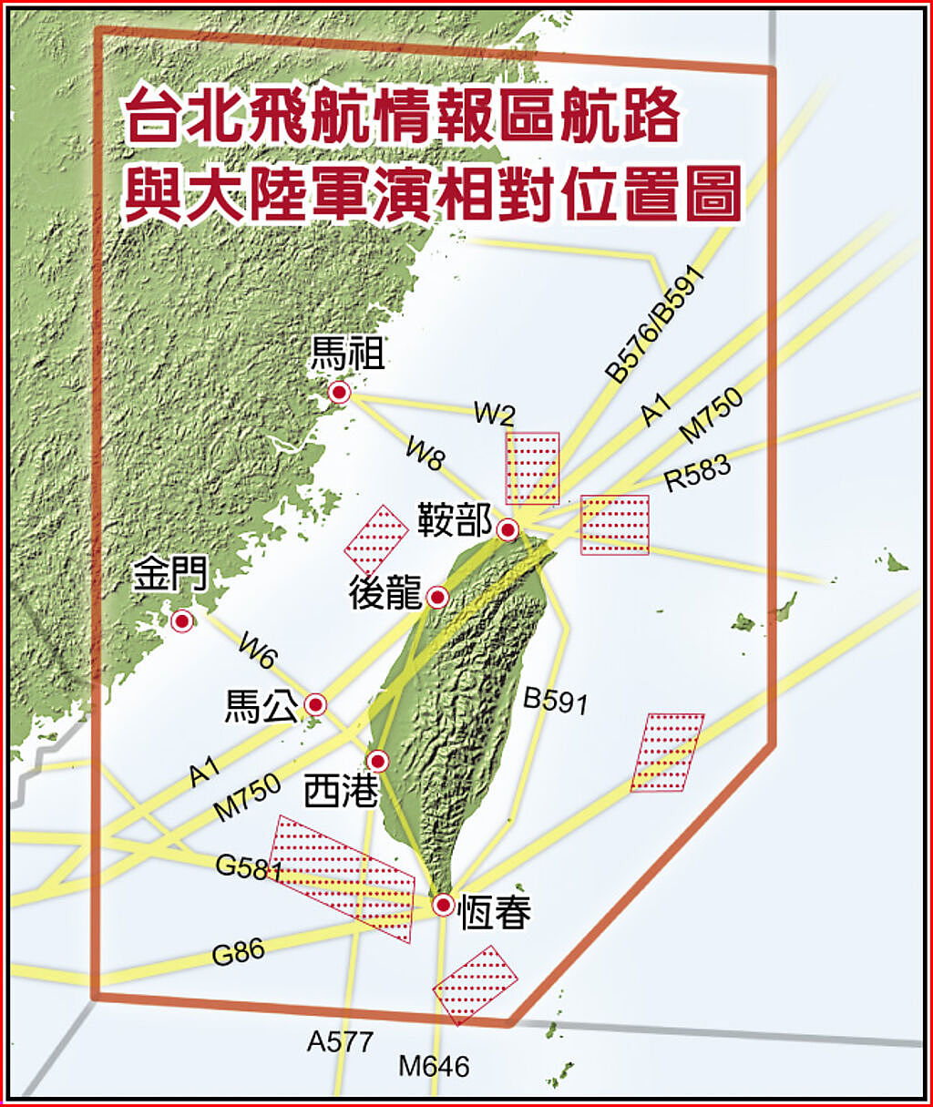 台北飞航情报区航路与大陆军演相对位置图