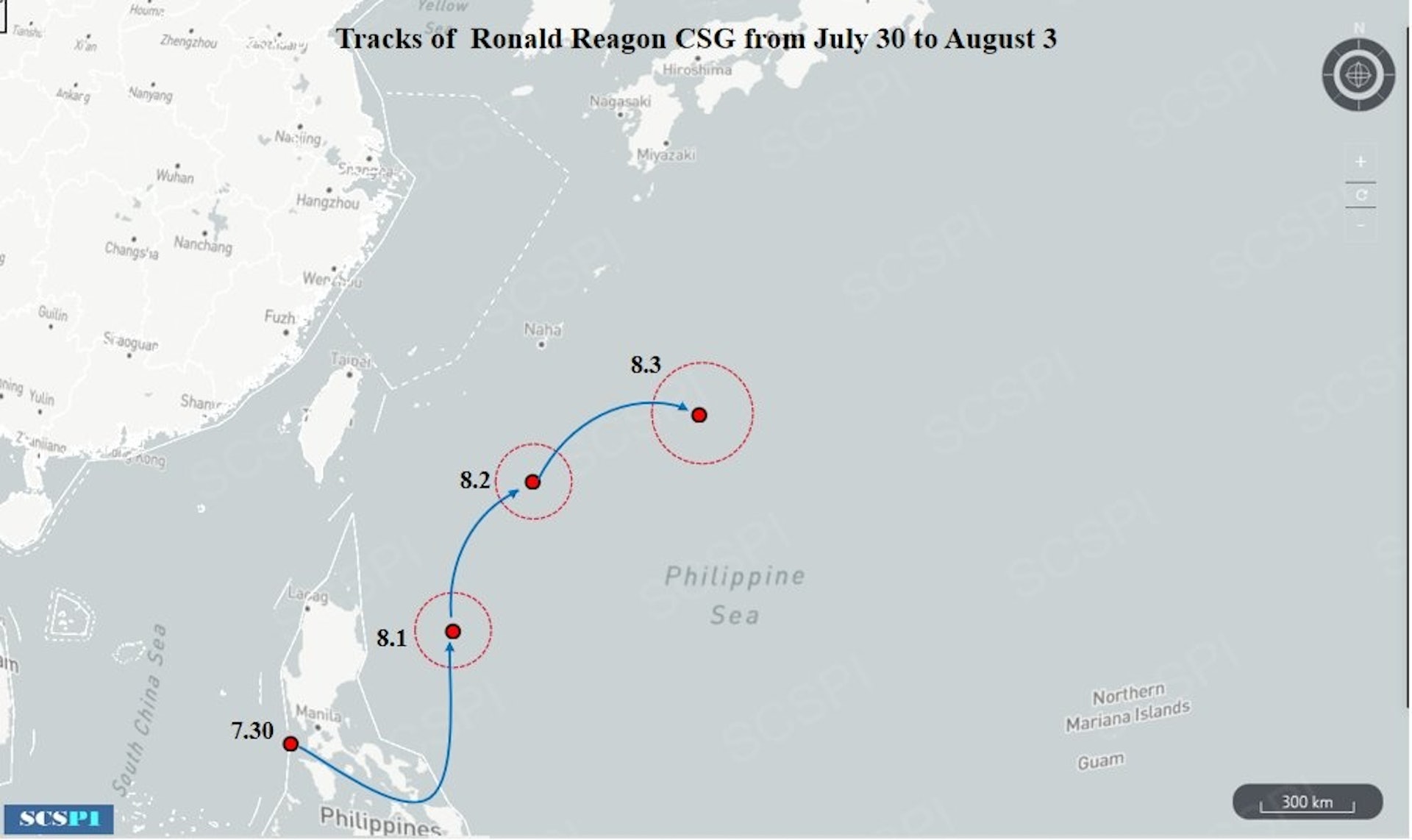 「战略态势感知」 计划消息，列根号航母打击群一直向东移动，截至8月3日，列根号航母位处冲绳大东岛附近。 （Twitter@SCS_PI）