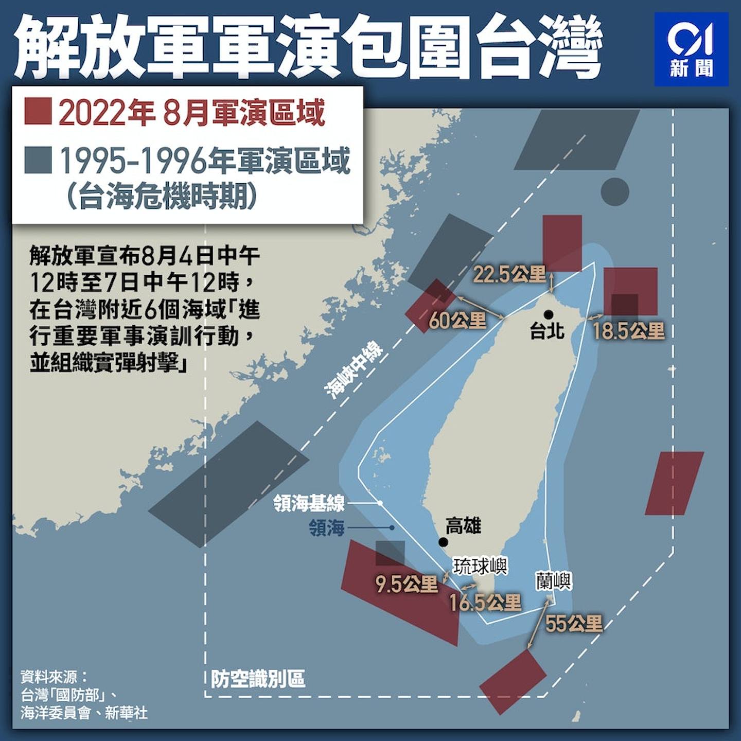 解放军自8月4日12时展开一连三天的「围台」军演。 （香港01制图）
