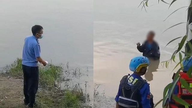 中國吉林省1名男子站在河水中（右圖）鬧自殺，要求警員（左圖）給人民幣300元才肯上岸。翻攝網易網站