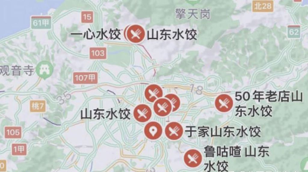 台北街道地圖在百度推送與網民熱捧下，迅速衝上微博熱搜冠軍，網民除了討論倍感親切的地名之外，最受歡迎的是具有中國特色的美食與餐廳。（圖／網路）