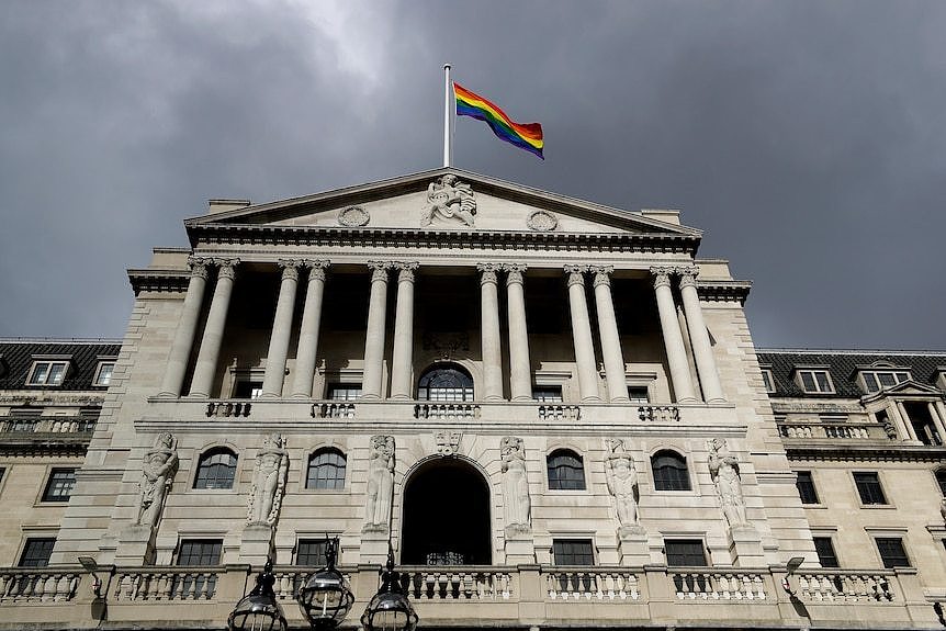 The rainbow flag flies above the Bank of England to celebrate the unveiling of the new 50-pound note in London.