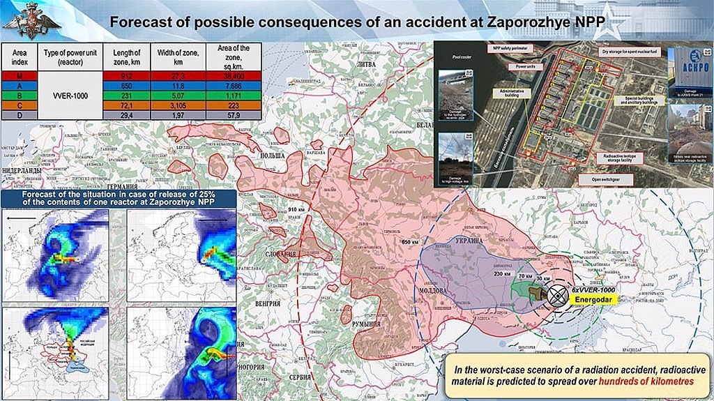 俄國防部公佈潛在扎波羅熱核電站災變影響範圍。（俄國防部）