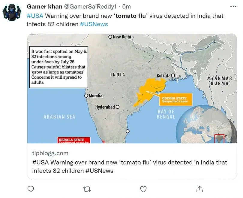 印度南部的喀拉拉邦与泰米尔纳德邦爆出一种名为「番茄流感」的神秘疾病。 （图／翻摄自推特）