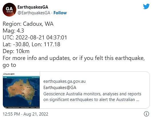 珀斯有震感！西澳这地发生4.3级地震，震源深度达10公里（图） - 2