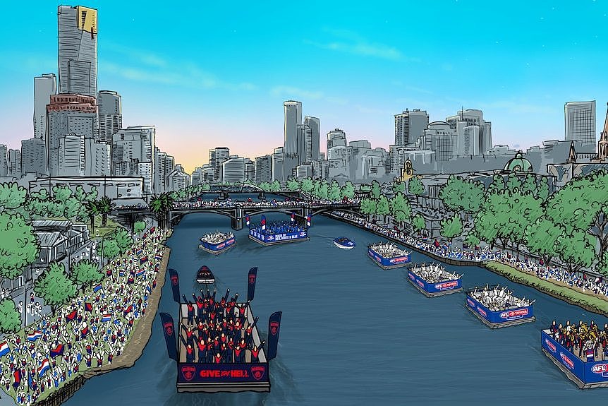 A drawing of a parade of boats on the Yarra River.