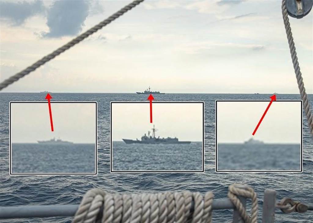 美軍釋出（左起）解放軍現代級驅逐艦、台軍成功級護衛艦、台軍安平級巡防救難艦的同框照。（香港東網）