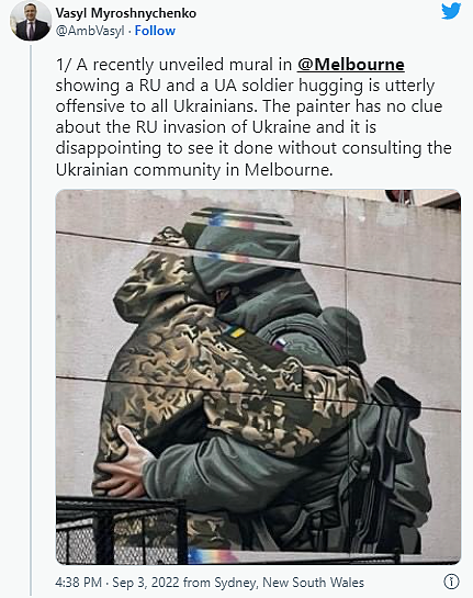 连夜抹除！墨尔本街头“俄乌士兵拥抱”壁画遭强烈反对，乌克兰驻澳大使怒批：令人失望（组图） - 4