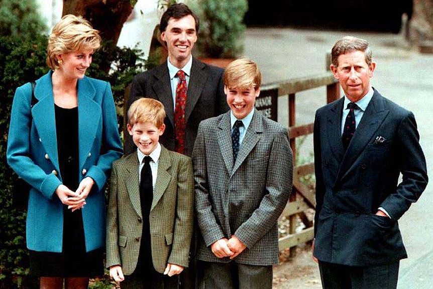 The Prince and Princess of Wales, Prince Harry, Dr Andrew Gayley and Prince William on September 6, 1995.
