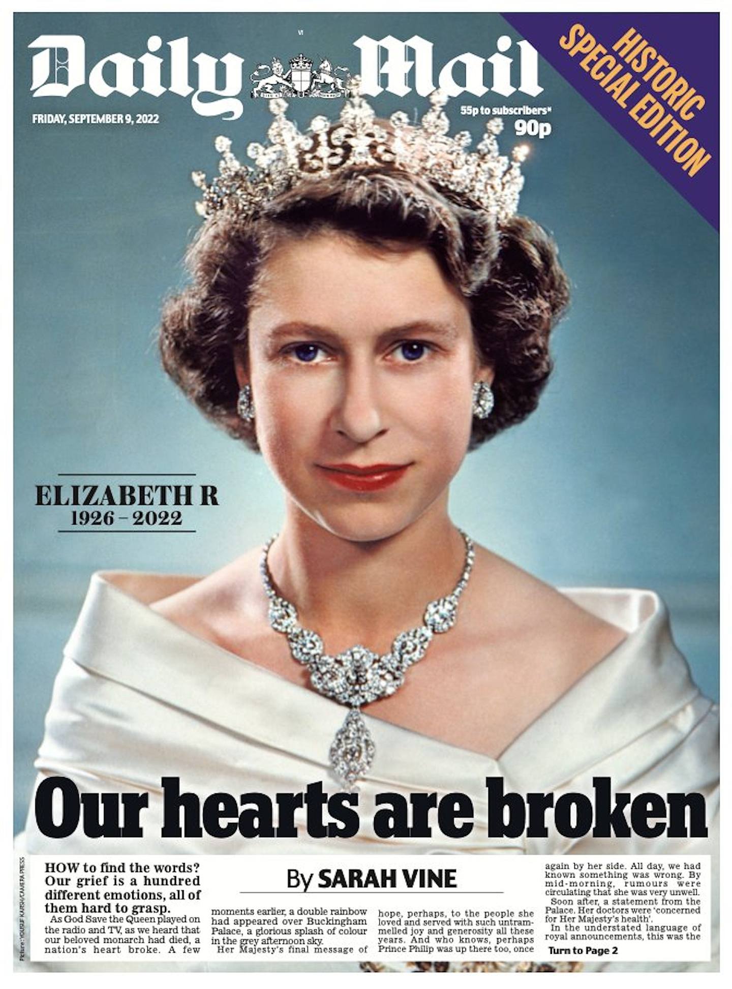 英女王逝世：英國各大報紙頭版（Daily Mail）
