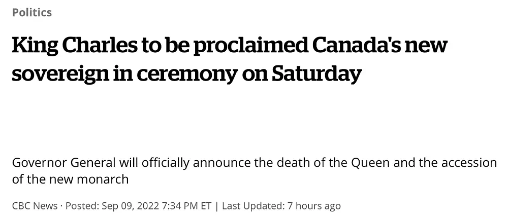 在查尔斯三世登基仪式开始前，加拿大广播公司报道：英国国王查尔斯三世继位成为加拿大国家元首的仪式将于格林尼治标准时间9月10日14时在渥太华举行 加拿大广播公司报道截屏