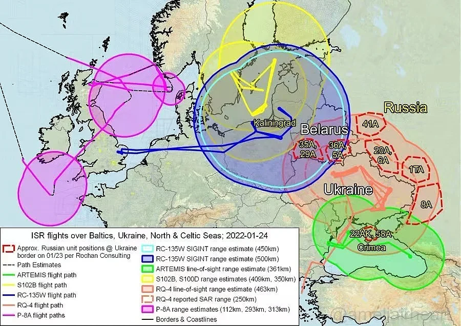 战前一个月，北约情报飞机在欧陆的活动轨迹及其侦知的俄军部署地域