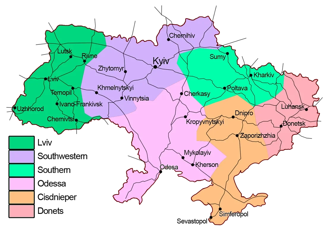战前乌克兰铁路干线分布图